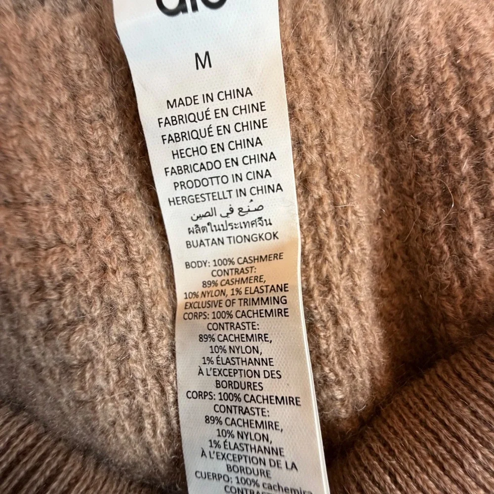 Alo Yoga Cashmere Waffle Knit Set Toasted Almond Crop Top High Waist Pants Sz M